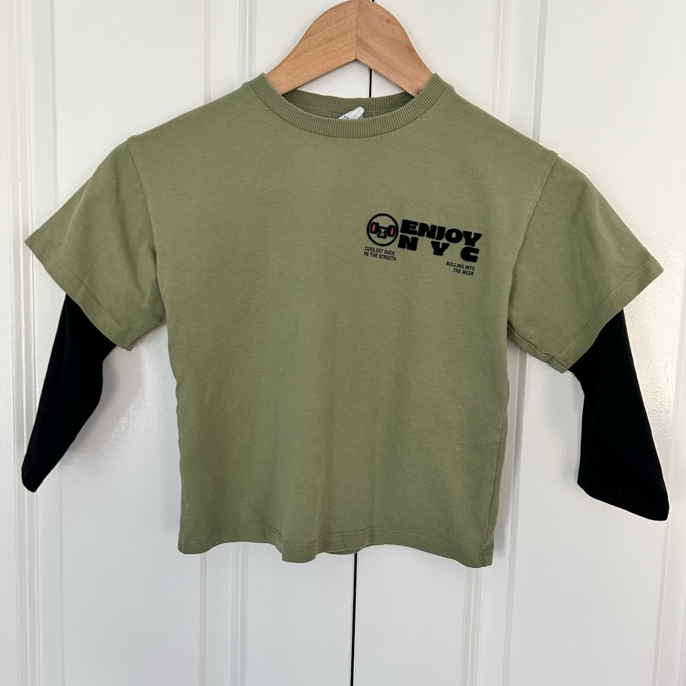 Zara kids boys size 4-5 green long sleeve Enjoy NYC graphic tshirt